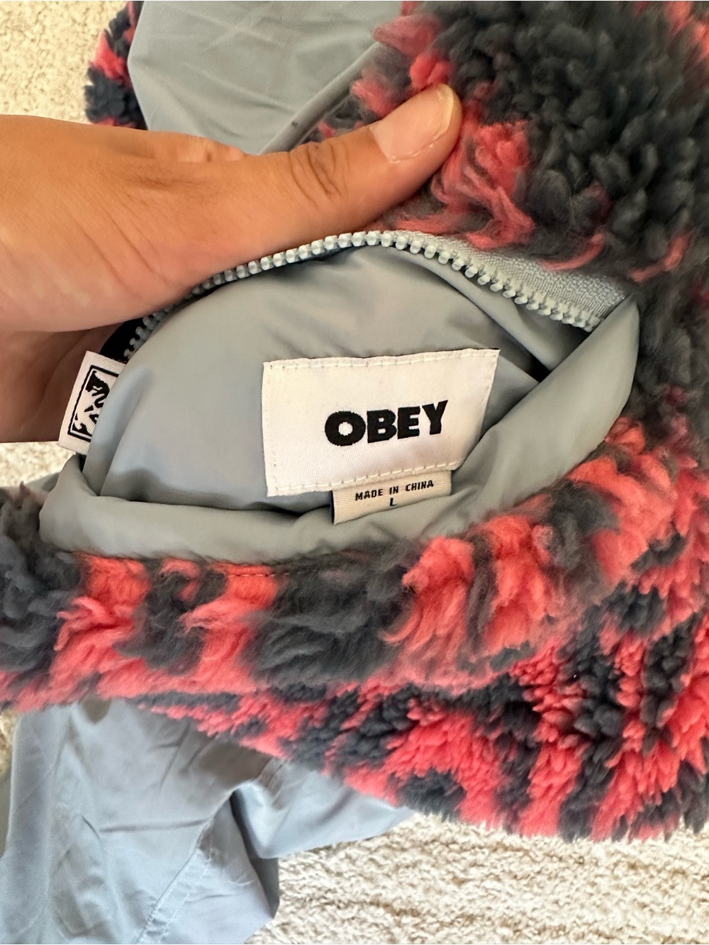OBEY Light Blue Reversible Windbreaker Jacket with Branded Zip Pull - Picture 5 of 5